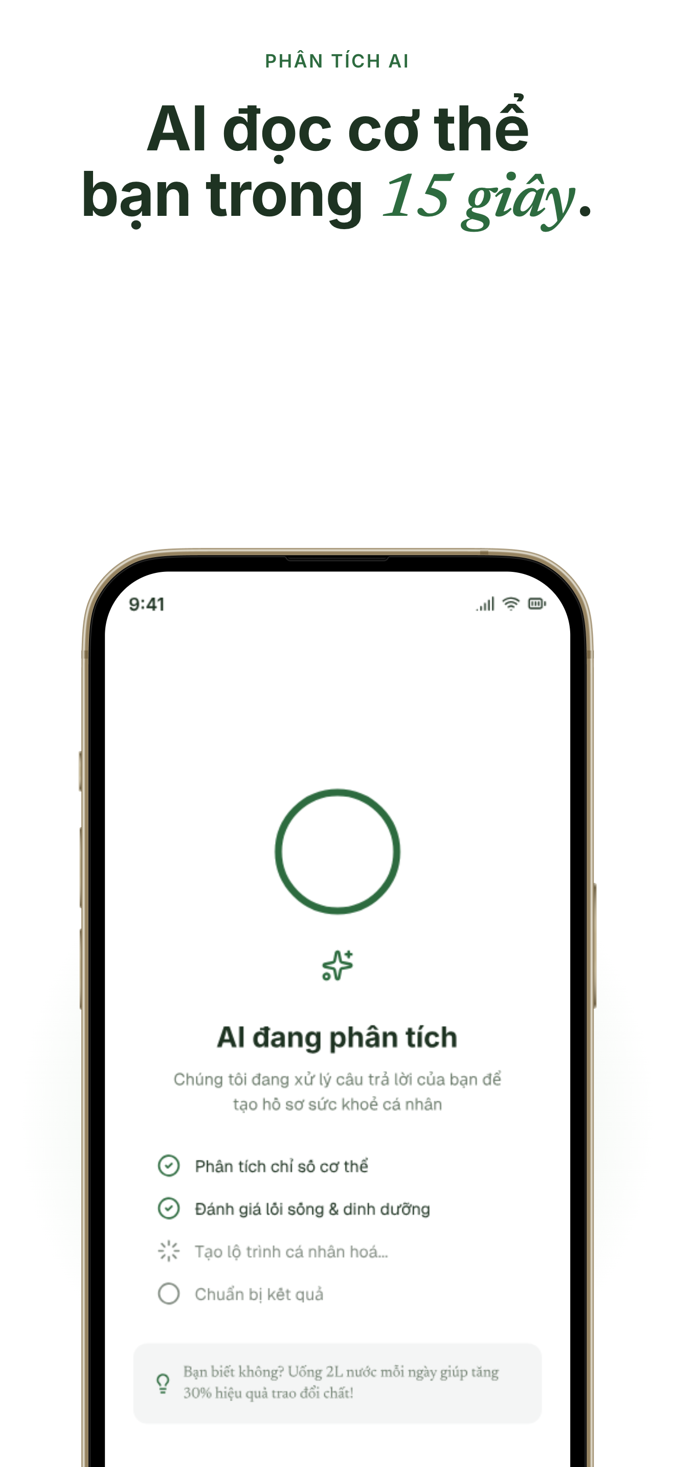 Báo cáo AI sau khi quét cân Tanita, hiển thị 13 chỉ số và khuyến nghị