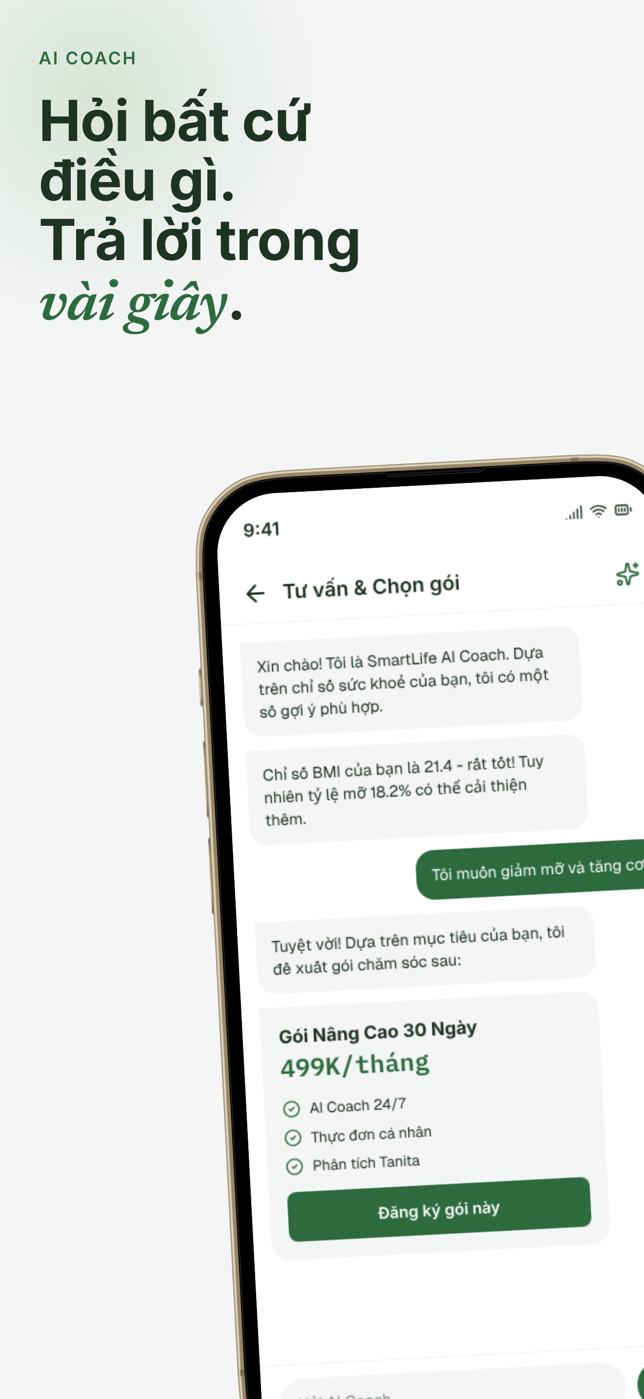 AI Coach trò chuyện gợi ý gói Năng Cao 30 ngày dựa trên BMI 21.4 và mỡ 18.2%